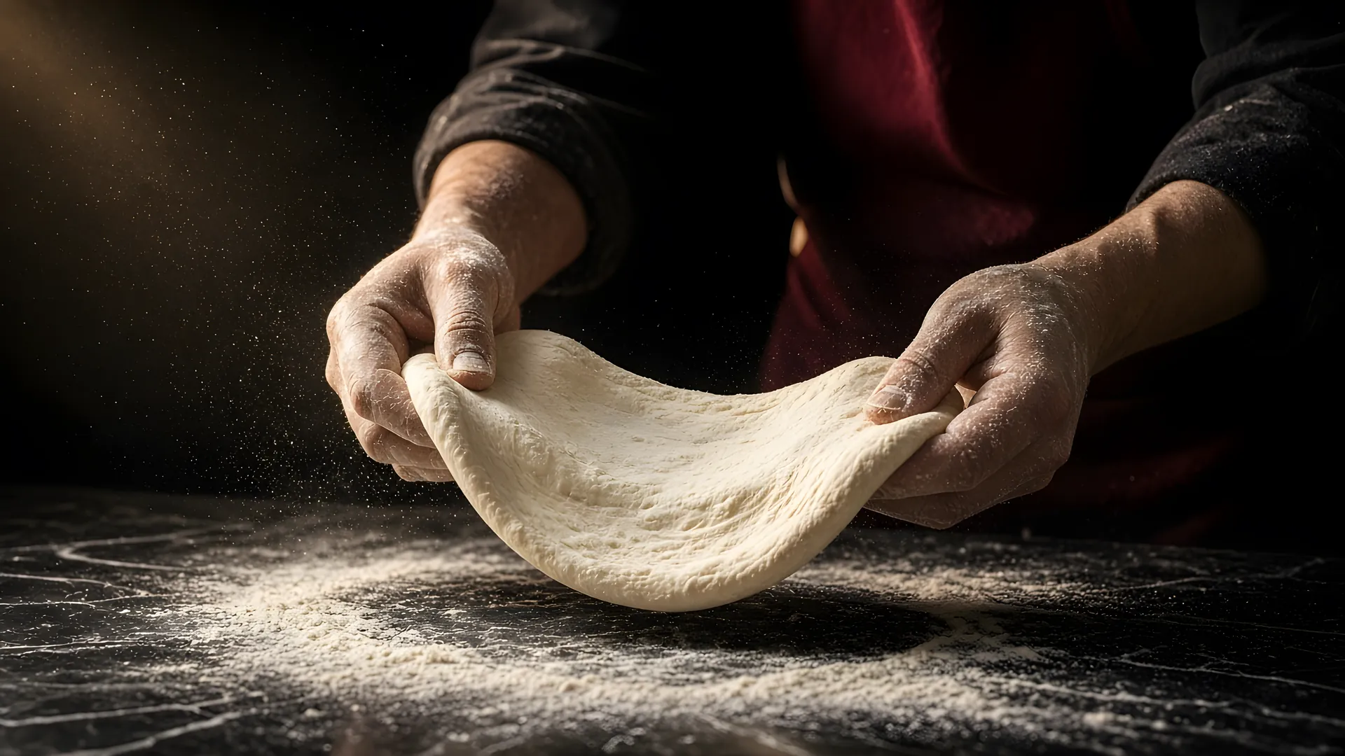 Floured hands stretching Neapolitan dough