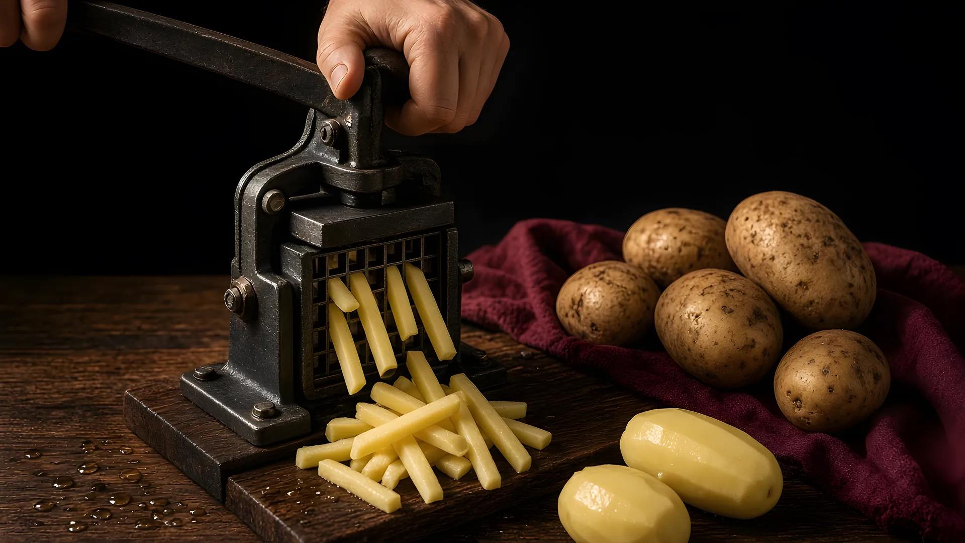 Fresh potatoes pushed through a small manual lever fry cutter