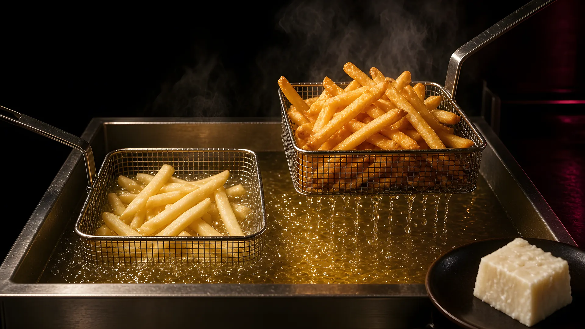 Fries double-cooked in two fryer baskets