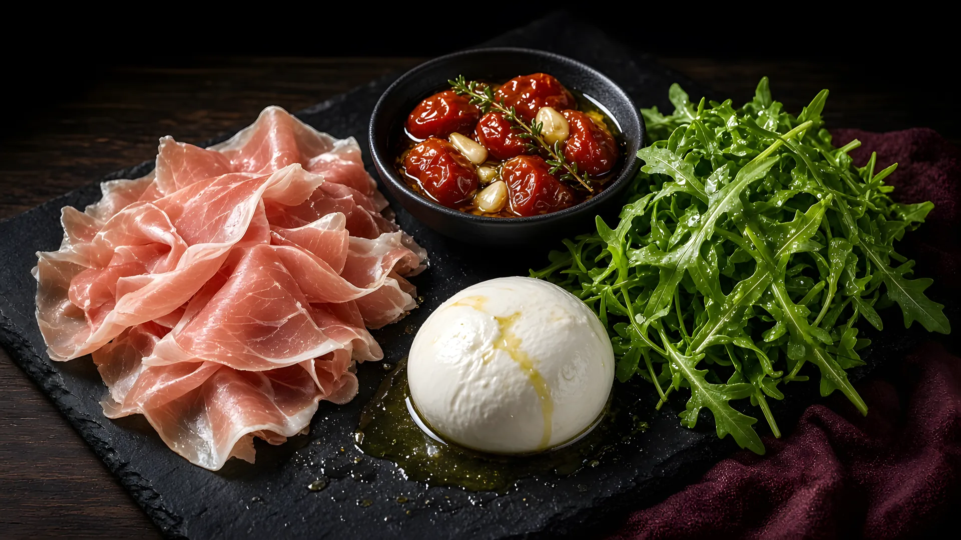 Prosciutto di Parma, confit tomatoes, fresh rocket and mozzarella on dark slate