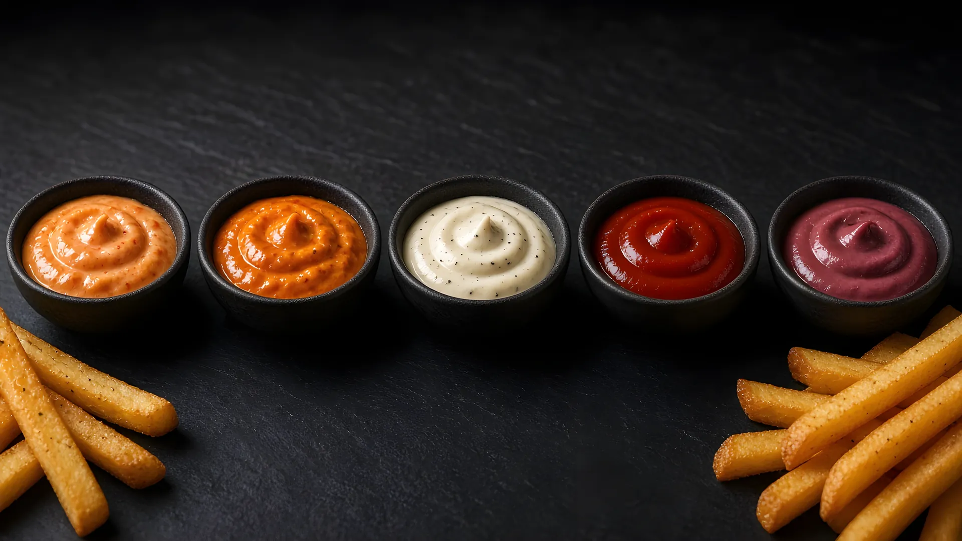 Five house sauces in black bowls: Andalouse, Algérienne, truffle mayonnaise, ketchup and the PATAZZO signature sauce