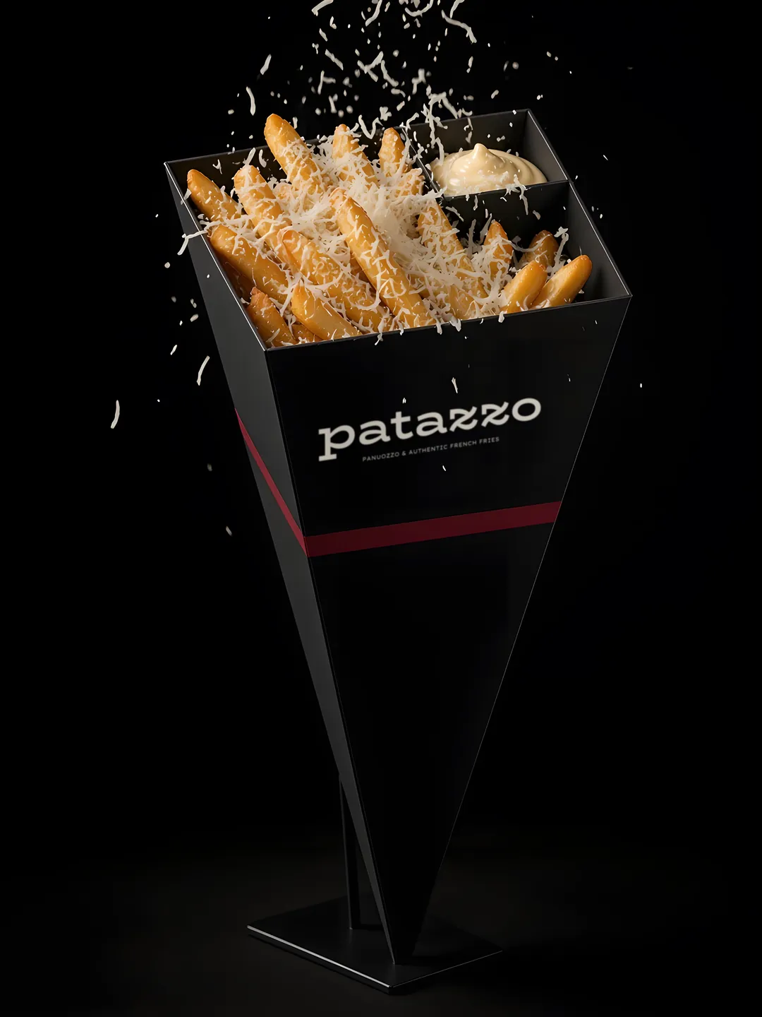 Fries in the PATAZZO cone topped with freshly grated Emmental and Grana Padano