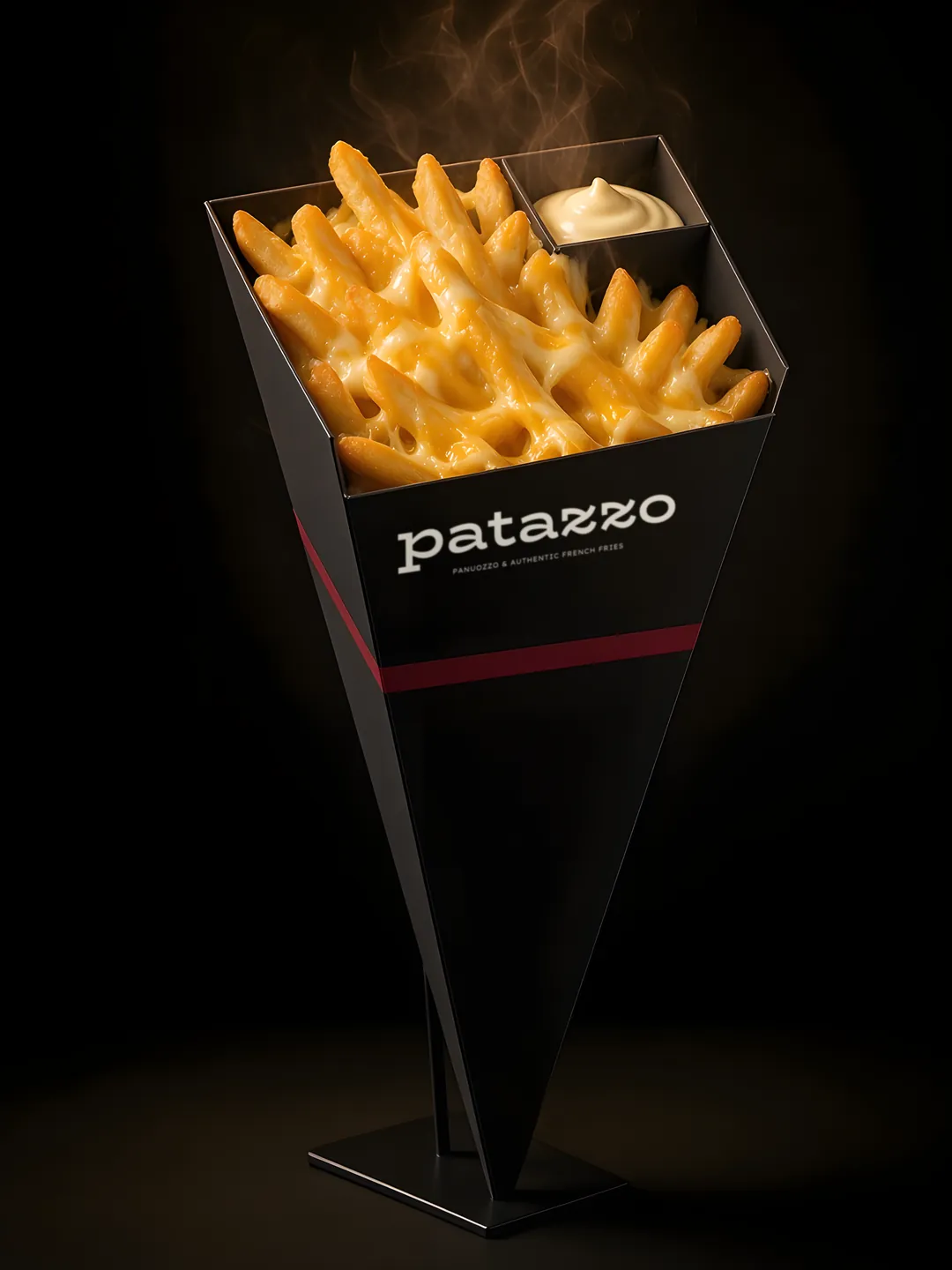 Fries in the PATAZZO cone under melted Raclette and Cheddar