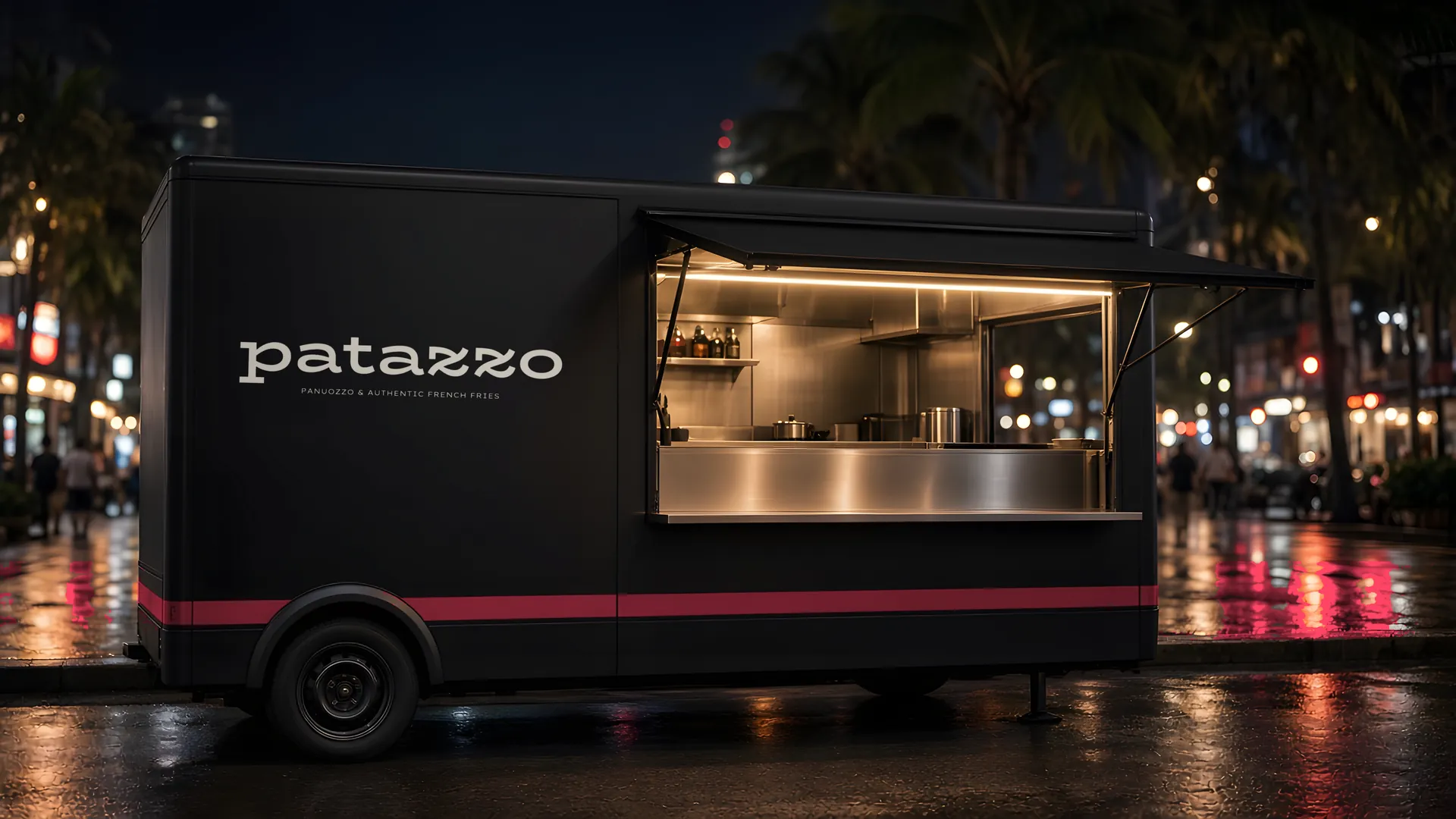 The matte black PATAZZO food truck at night in Pattaya